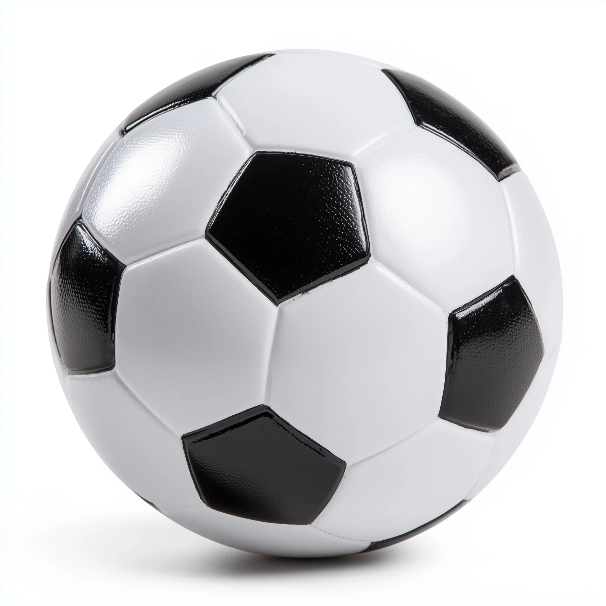 A realistic black and white size 5 PU soccer ball with a smooth, shiny texture on a clean background.