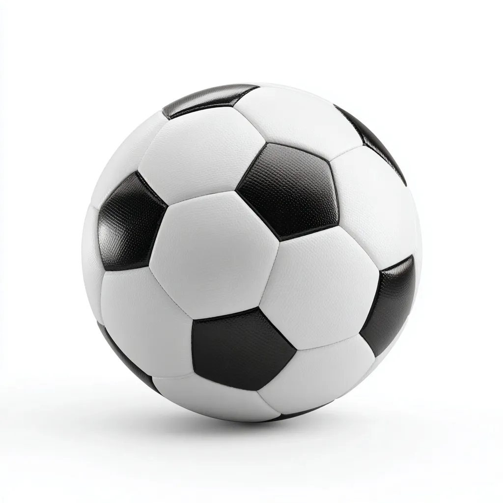 A photorealistic 3D render of a classic black and white soccer ball isolated on a clean, white background.