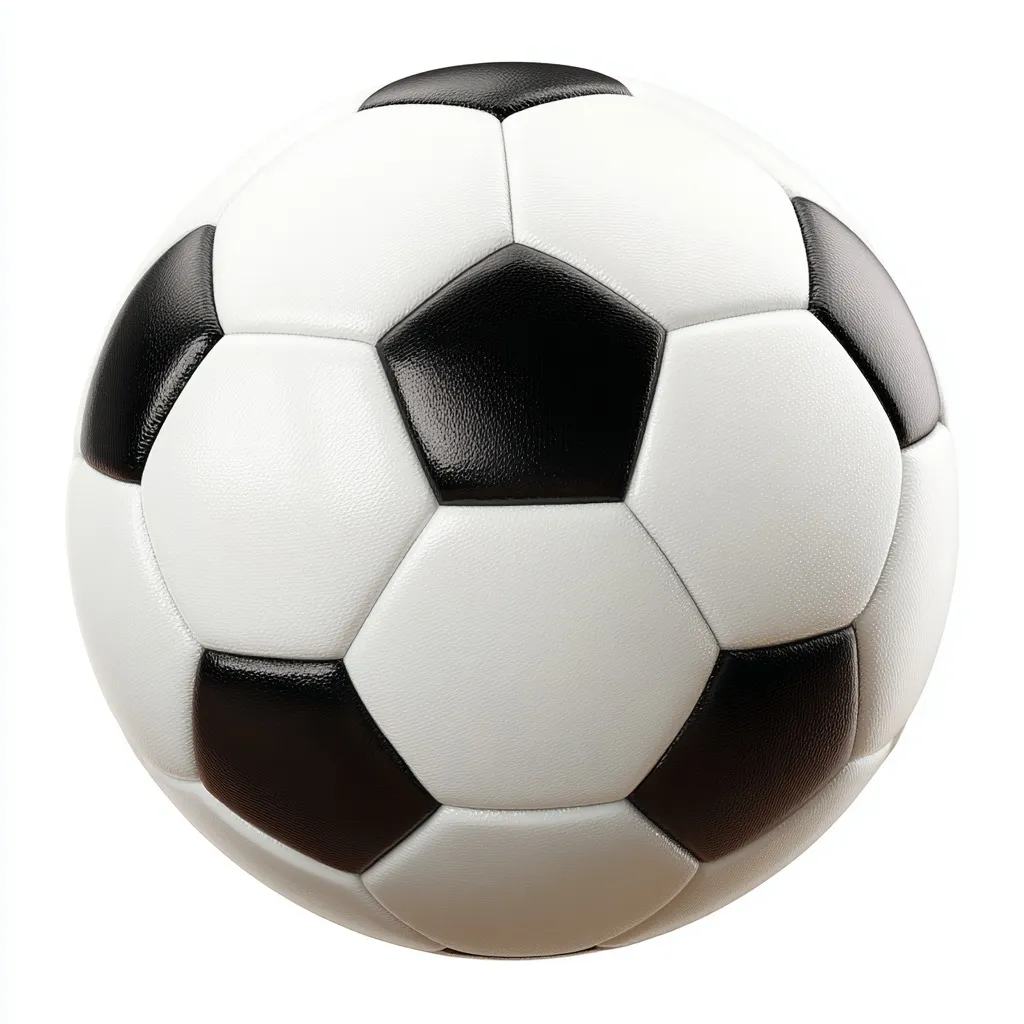 A photorealistic black and white soccer ball isolated on a clean white background, viewed from directly above.
