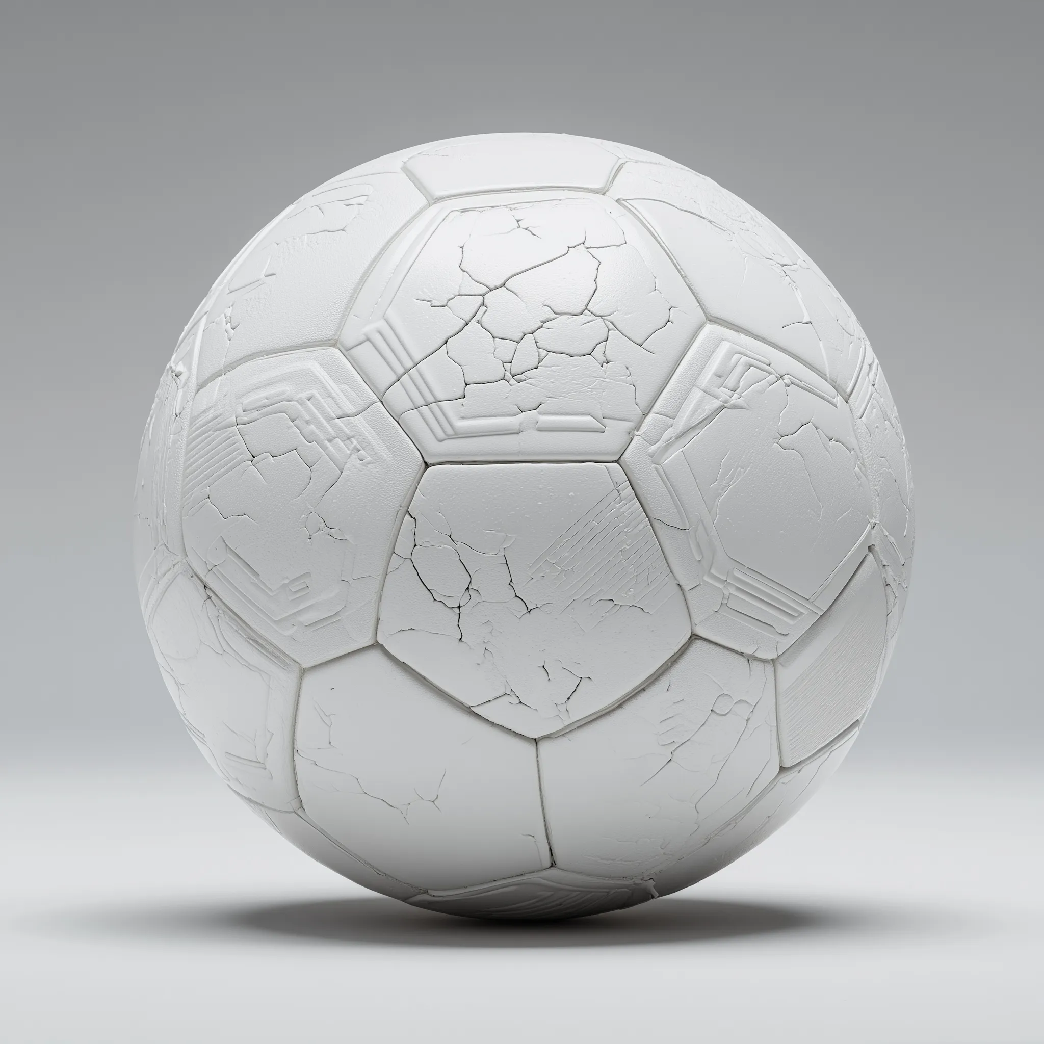 A modern, minimalist white soccer ball with embossed synthetic panels isolated in a studio with dramatic shadows.