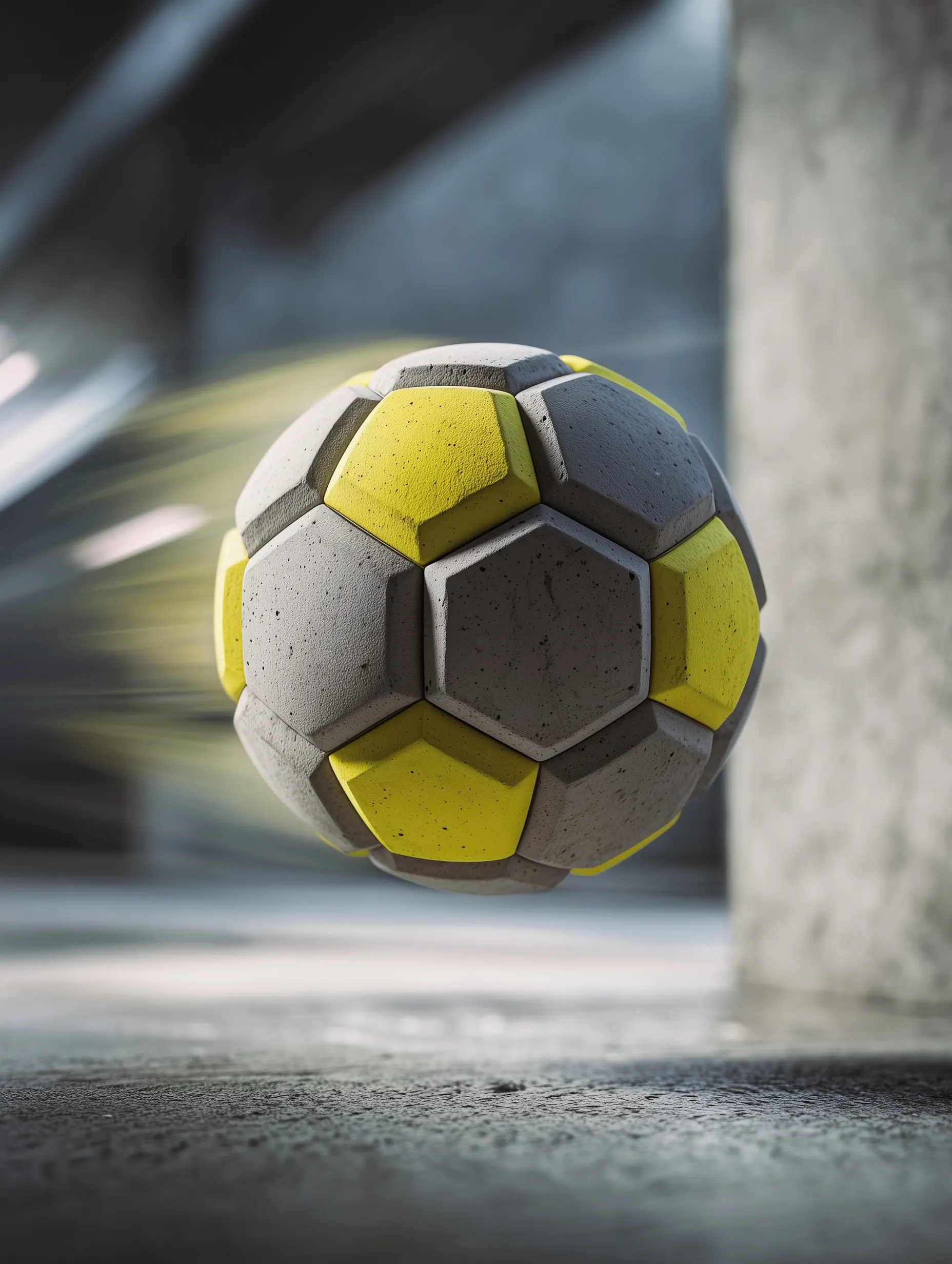 A concrete-textured soccer ball spinning mid-air against an urban stadium background with dramatic lighting.