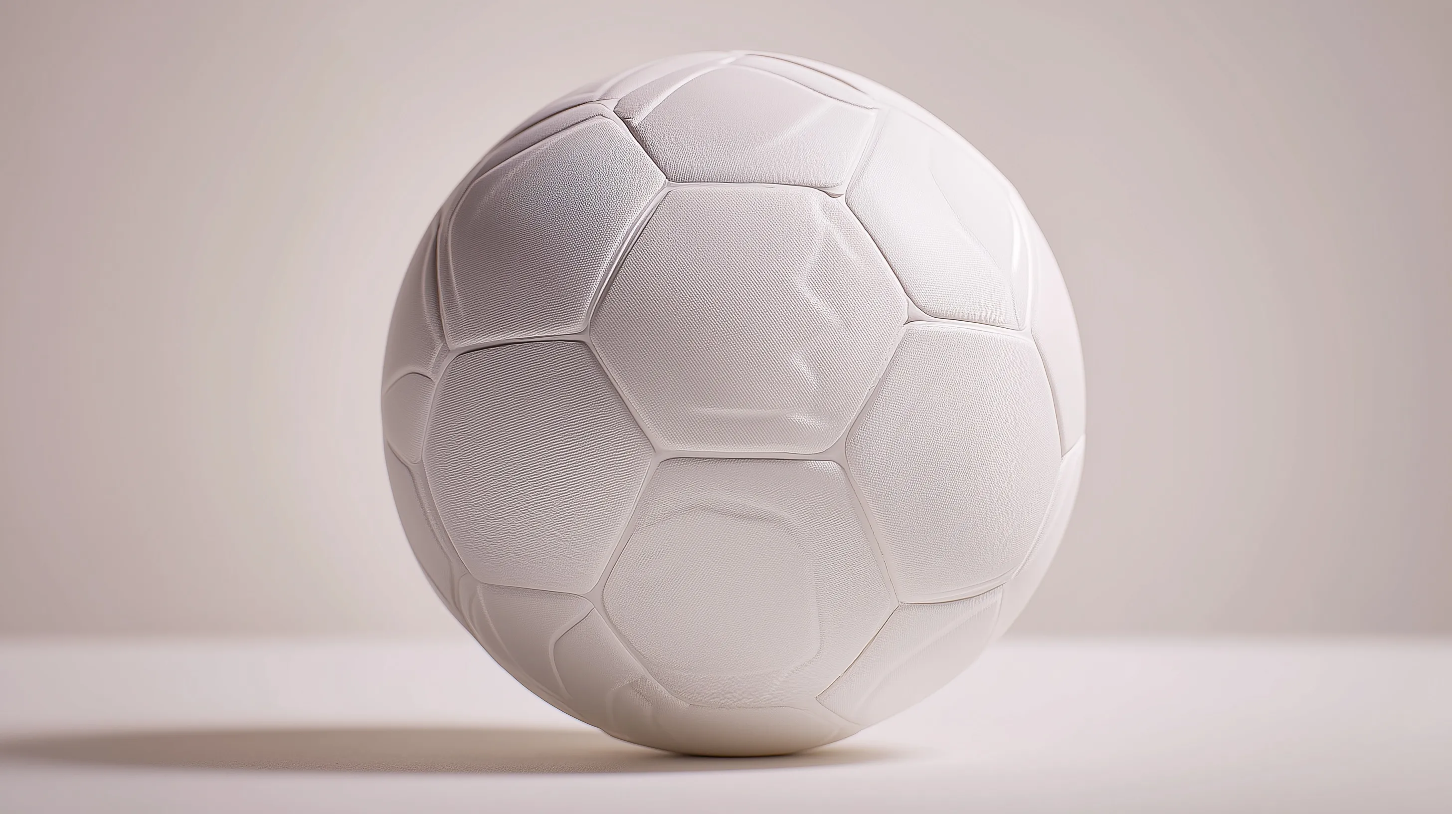 A professional matte white soccer ball with engineered panels sitting on a neutral surface in soft lighting.