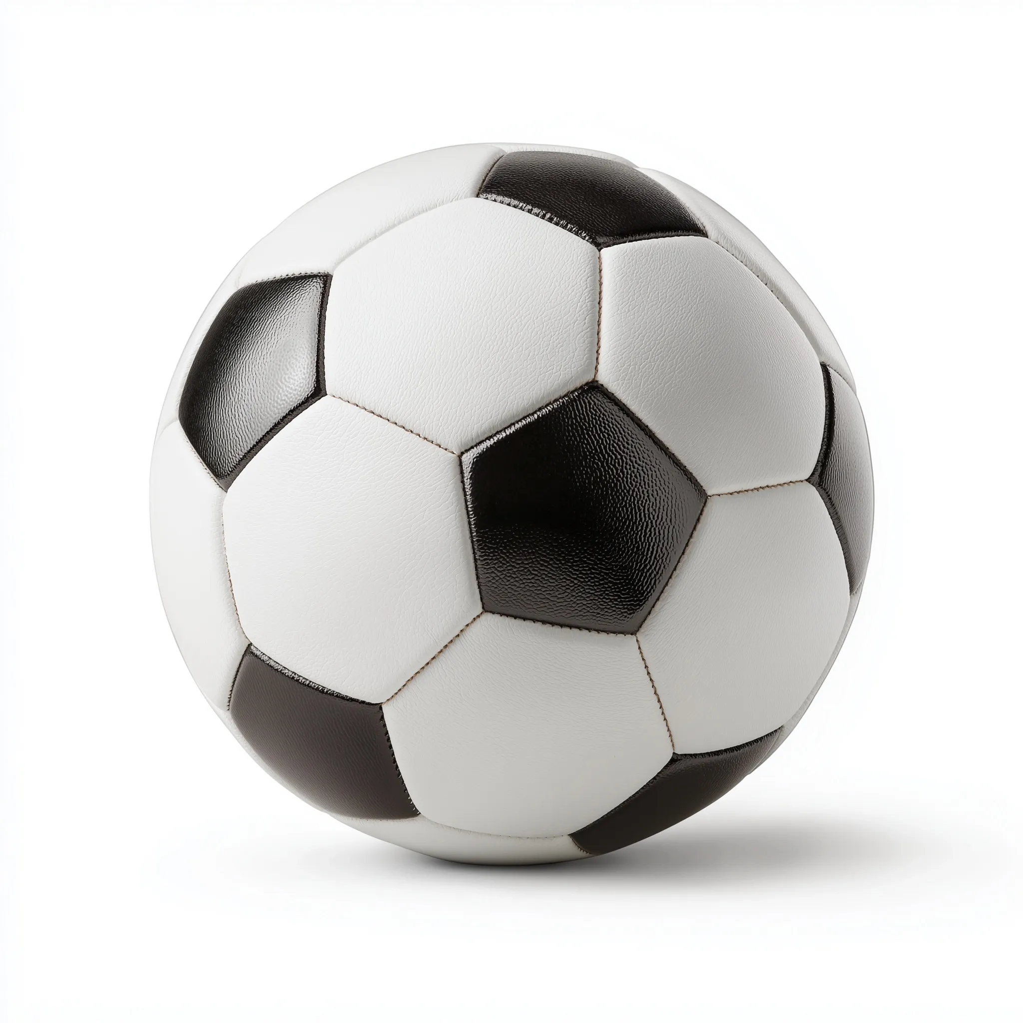 A brand new professional soccer ball centered on a clean white background with minimal soft shadow.
