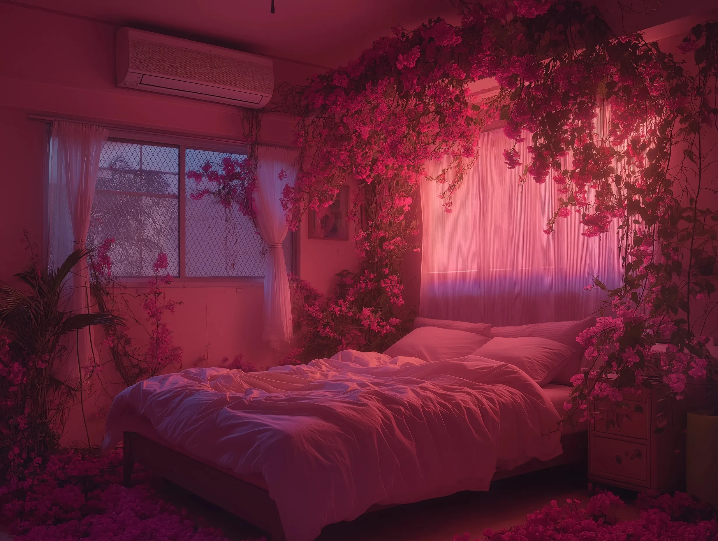 A cinematic pink bedroom makeover featuring soft girl aesthetic decor and dreamy pastel tones.