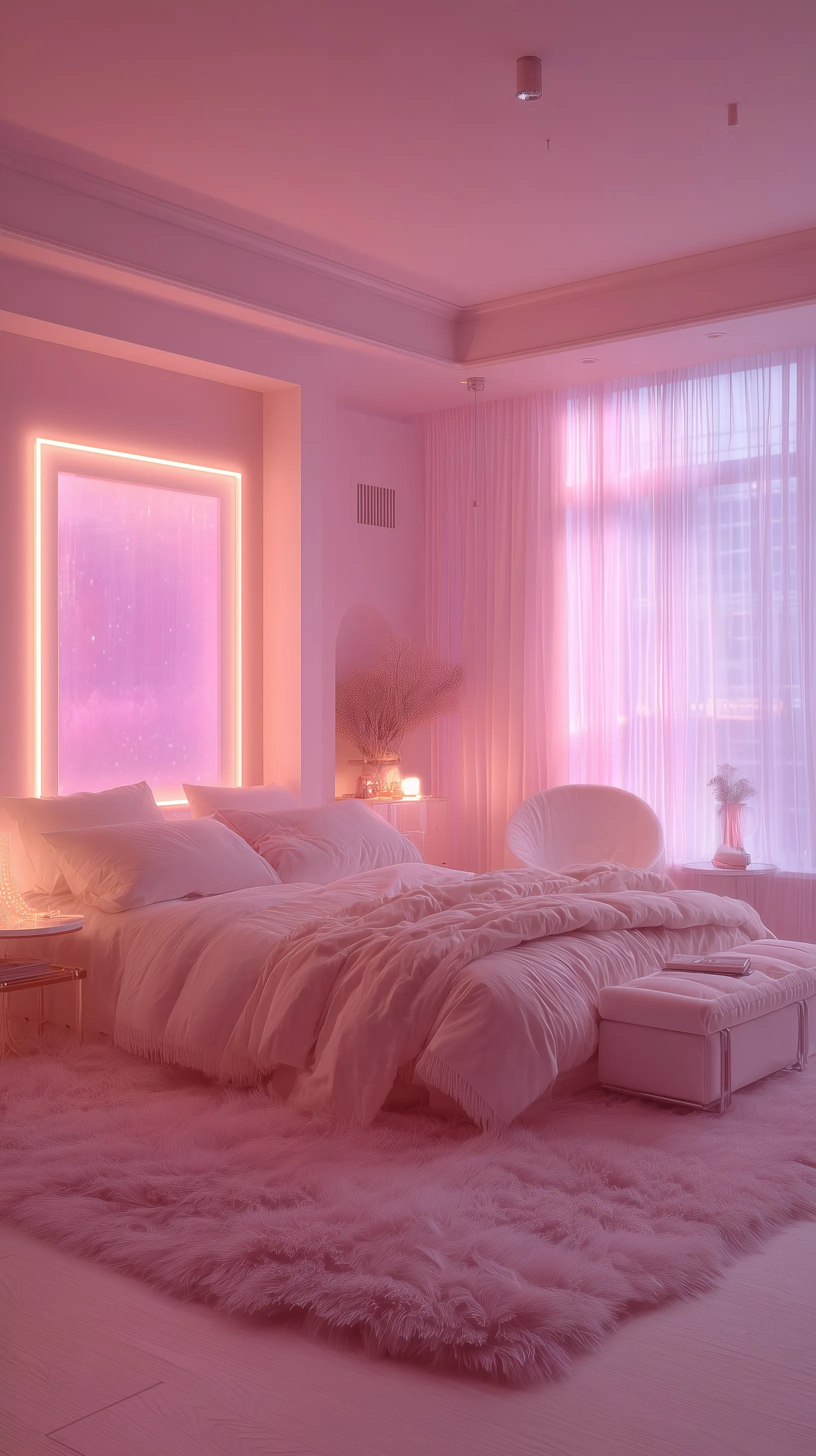 Dreamy retro-futuristic pink bedroom with soft pastel decor, cozy ambient lighting, and aesthetic vintage furniture.