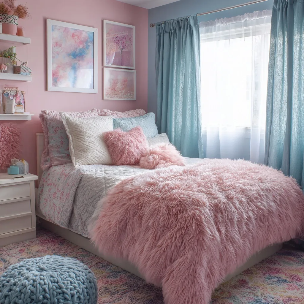 Cozy pink and teal bedroom makeover for a 10-year-old girl with fun, light, and comfortable decor.
