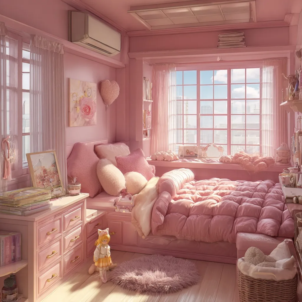 A cozy soft girl aesthetic bedroom featuring a pink bed, anime decor, a cute doll, and sunlight through the window.