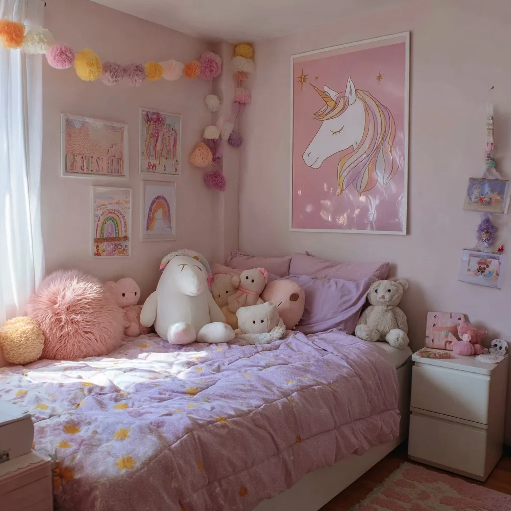 A cozy teenage girl’s pink bedroom makeover featuring stuffed animals on the bed and a cute unicorn wall poster.