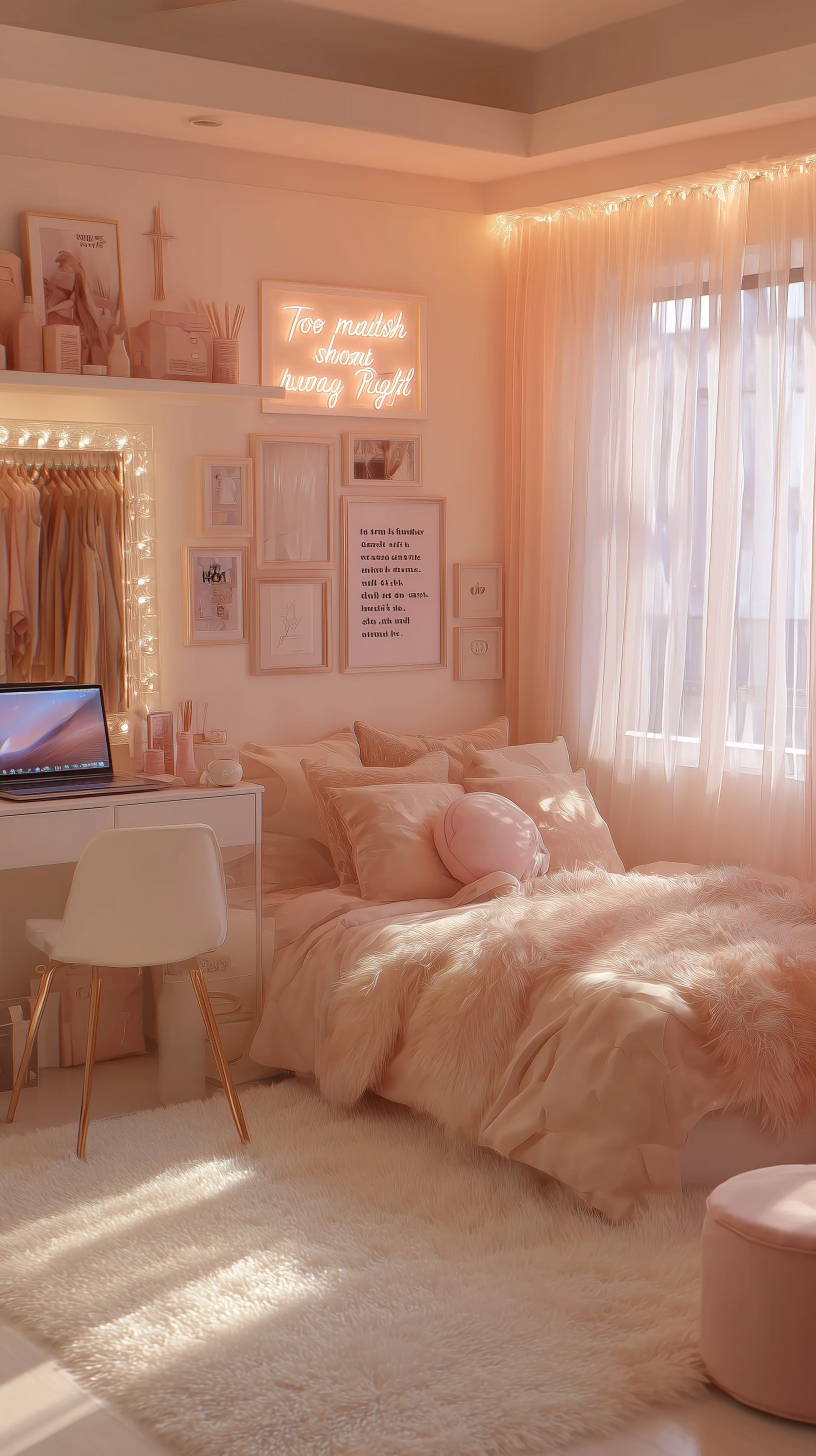 Aesthetic soft girl bedroom with pink decor, rose-gold bedding, vanity mirror, and cozy warm lighting.