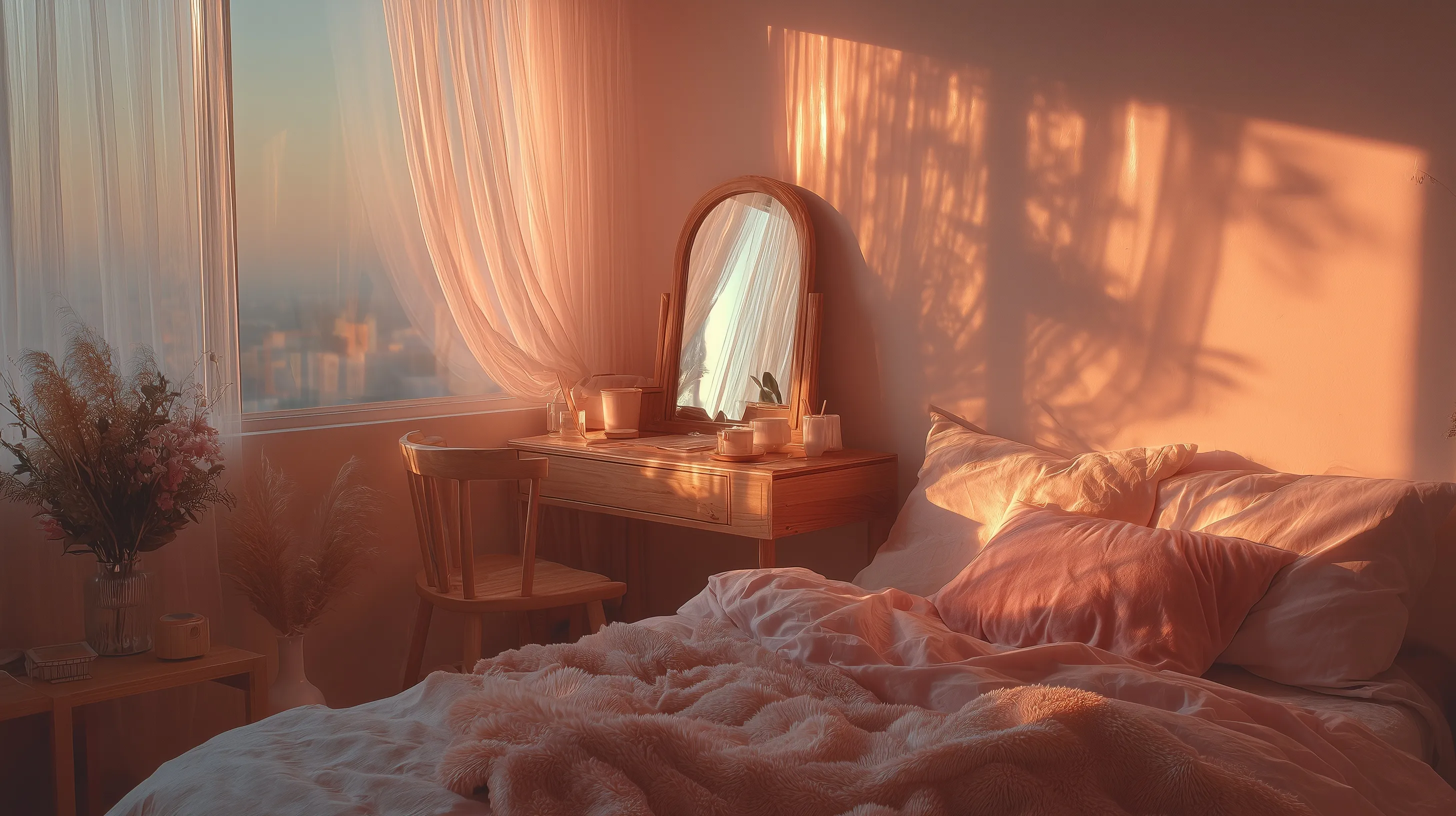 Soft girl pink bedroom with pastel decor, sunlit unmade bed, and sheer curtains in a cinematic aesthetic.