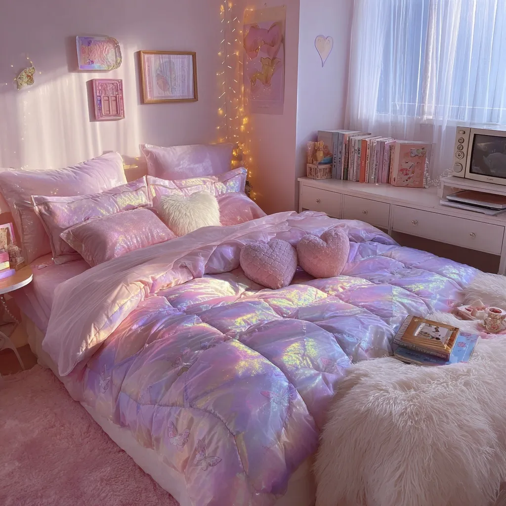Y2K aesthetic bedroom makeover with pink holographic bedding, butterfly patterns, and trendy retro glam decor.