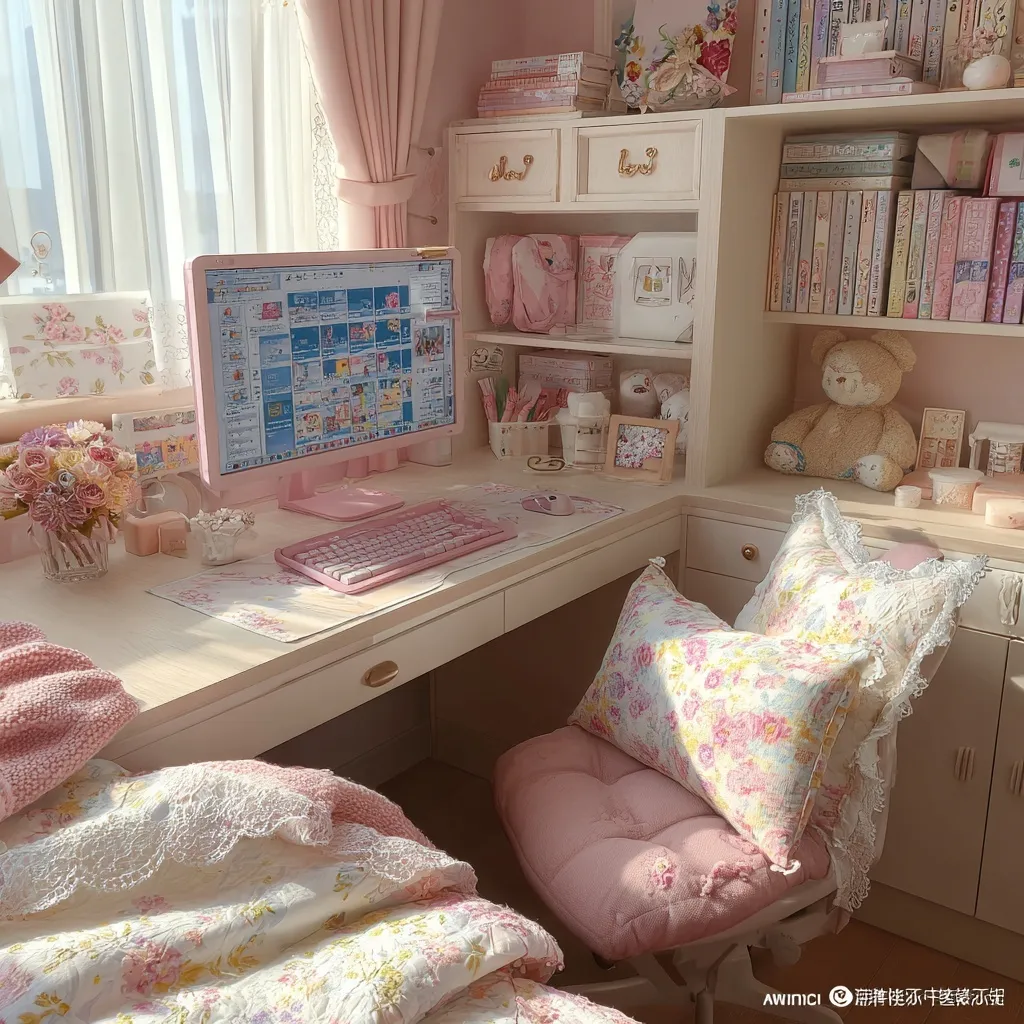 Pixel art aesthetic pink Sanrio themed girl’s bedroom with My Melody, lace textures, and soft afternoon sunlight.