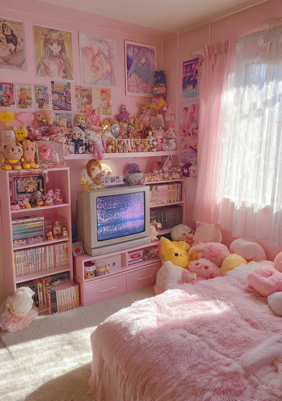 Soft girl pink bedroom aesthetic with fluffy furniture, stuffed animals, and retro VHS decor in a cozy room.