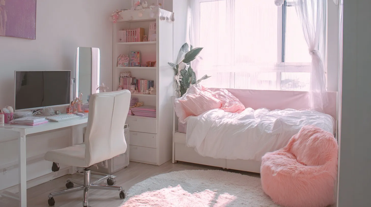 Modern teenager bedroom with a soft girl pink and white aesthetic and stylish cozy decor.