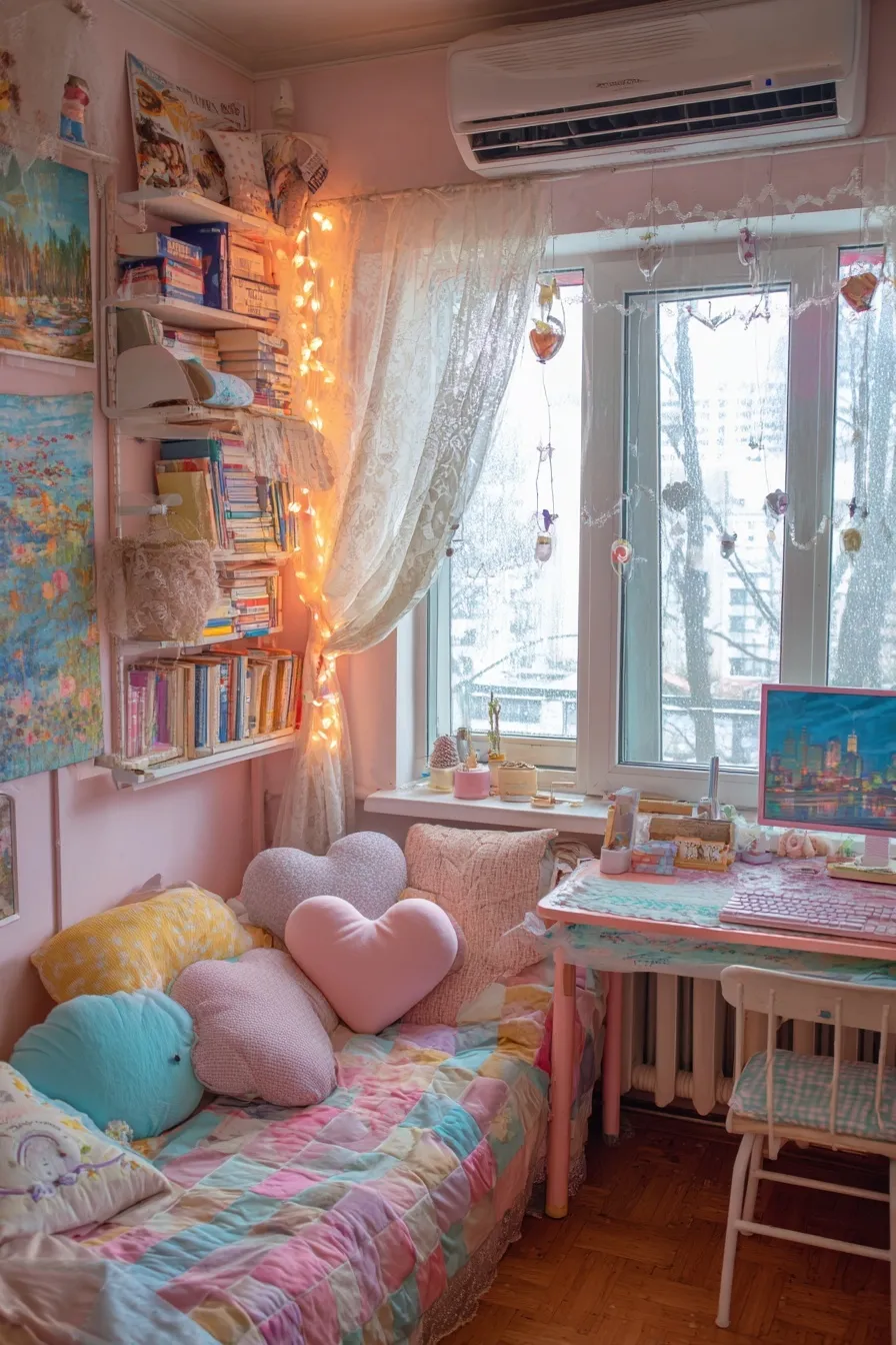 Cozy soft girl bedroom aesthetic with pink checkered bedding, rainy window view, and warm desk setup at night.