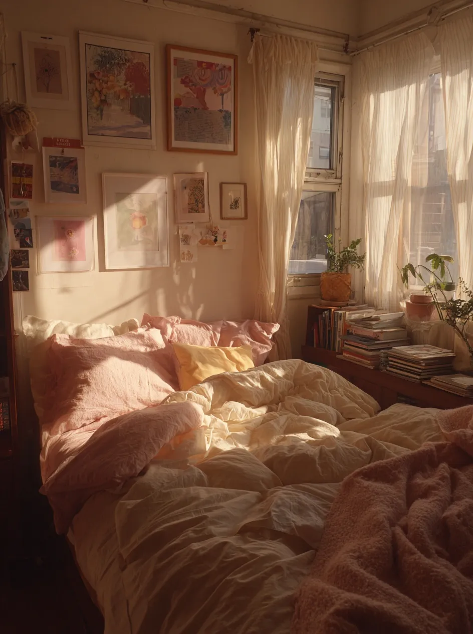 Aesthetic soft girl bedroom with pastel pink decor, unmade bed, and warm sunlight streaming through a window.