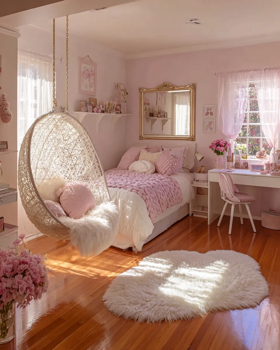 Cozy soft girl pink bedroom aesthetic with a hanging chair, plush bed, and pastel decor on wooden flooring.