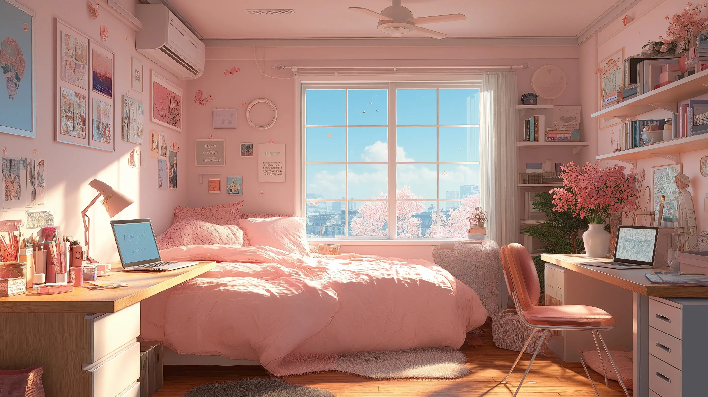 Cozy soft girl aesthetic bedroom with pink decor, vanity table, and bright natural sunlight, animation art style.