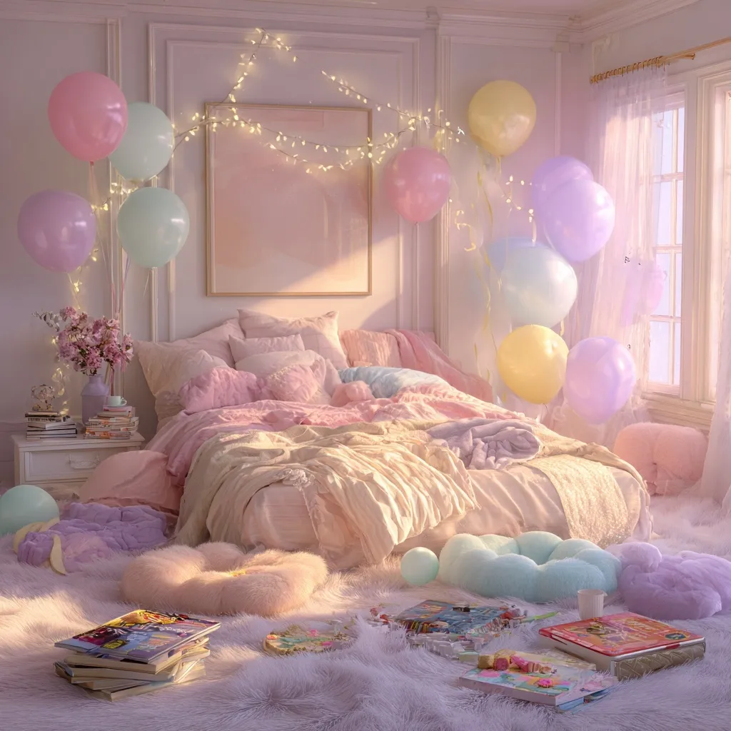 Aesthetic soft girl bedroom with pastel pink decor, dreamy string lights, and cozy plush bedding.