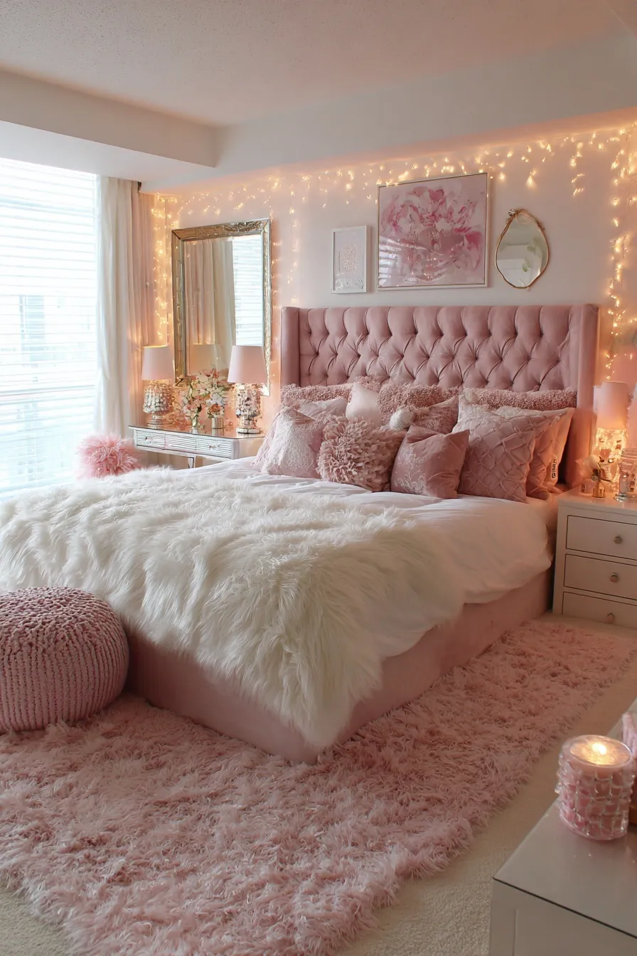 Luxury pink and white glam bedroom featuring a tufted headboard, fluffy rug, and fairy lights for aesthetic decor.