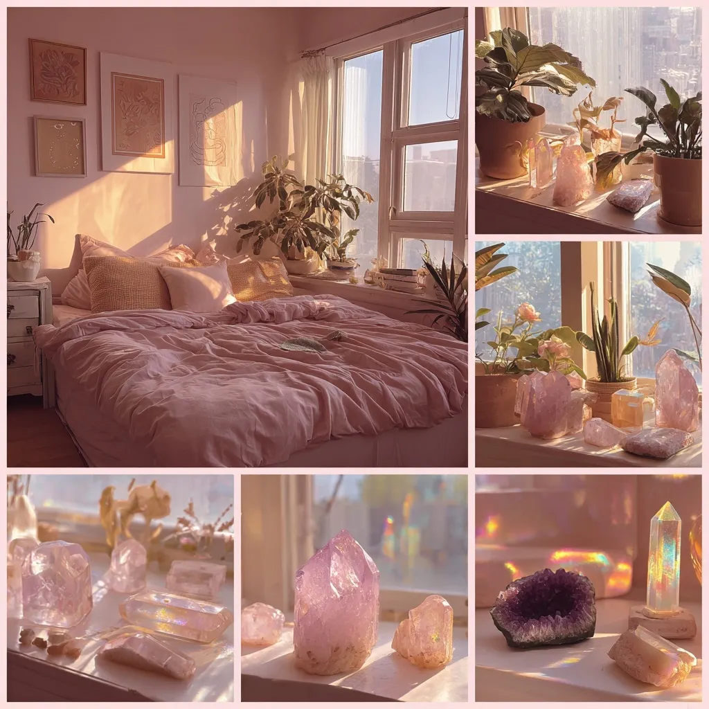 A dreamy pastel pink bedroom with crystals, houseplants, and morning sunlight for a soft girl aesthetic.