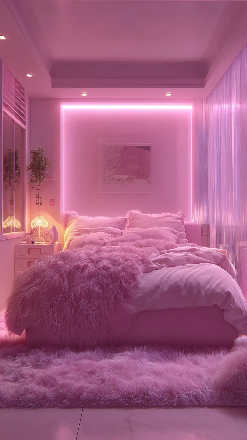 Dreamy retro-futuristic pink bedroom with soft pastel decor, cozy ambient neon lighting, and aesthetic vintage style.