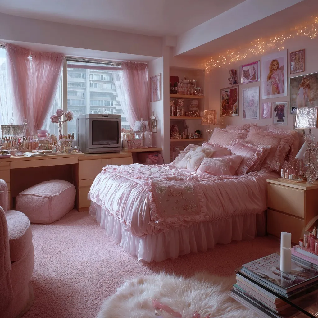 A cozy Y2K aesthetic bedroom with pink pastel decor, ruffled bedding, fairy lights, and nostalgic 2000s vanity setup.