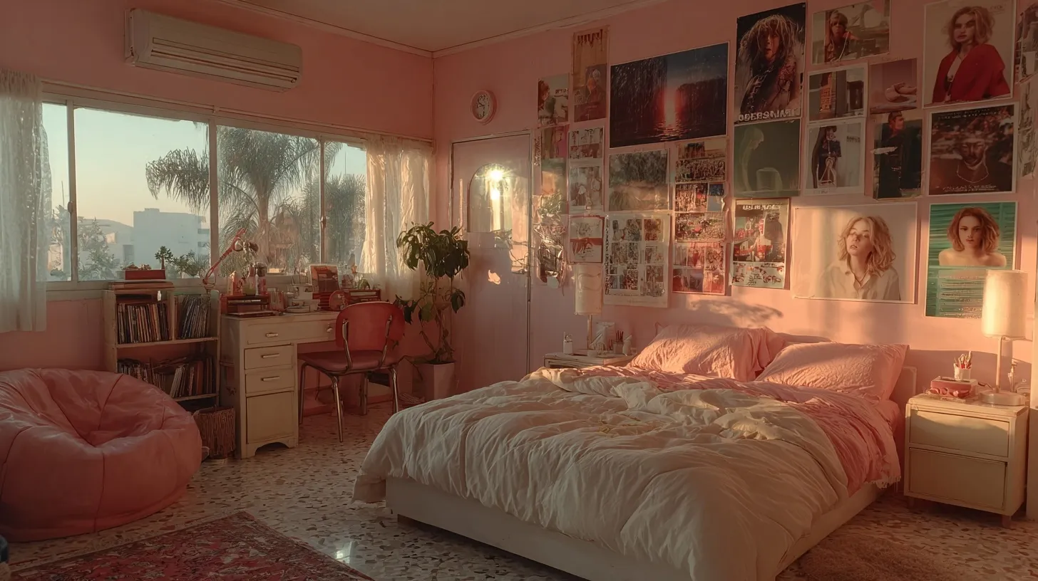 A neat teenage bedroom with soft pink walls, pop posters, and aesthetic indie decor, captured in a 2000s VHS style.
