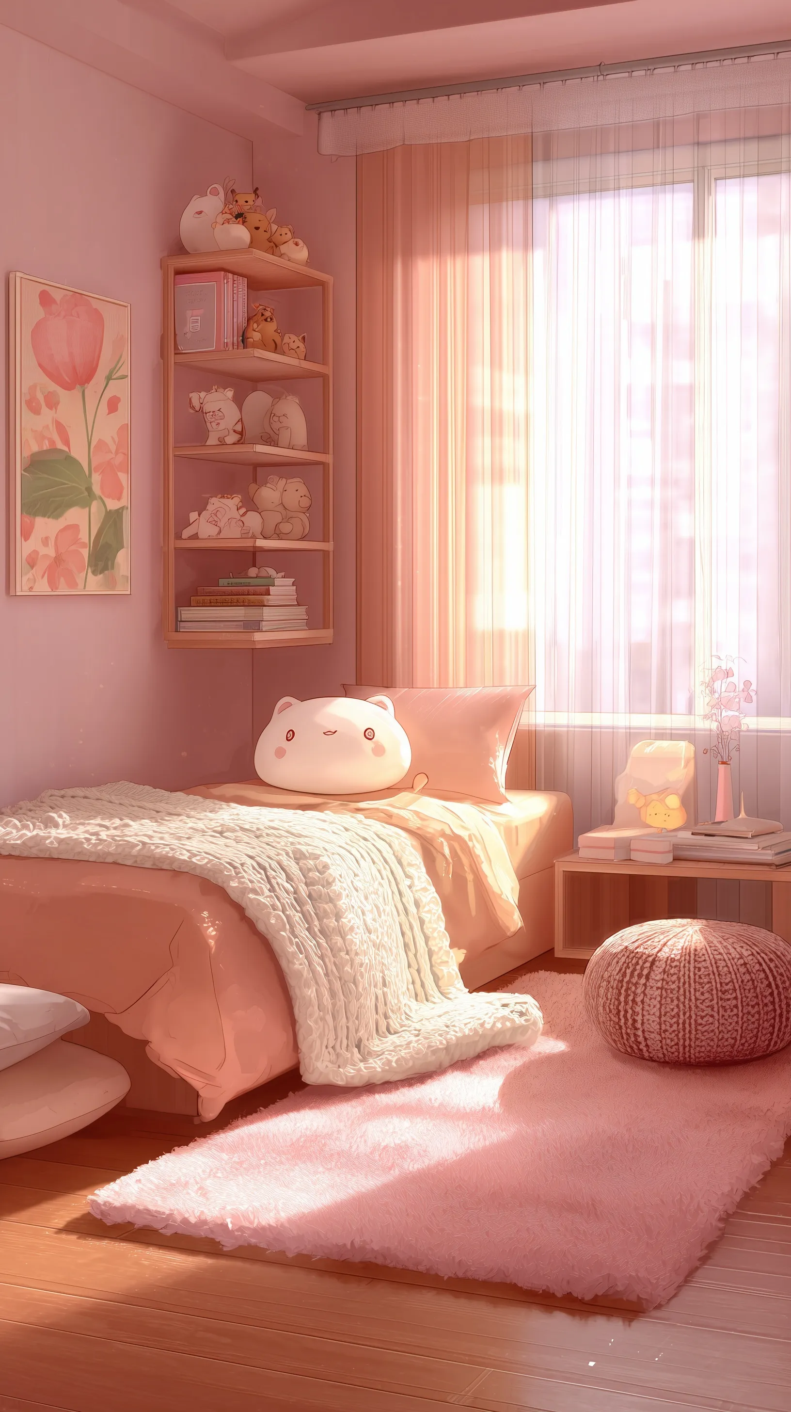 A cozy pastel pink anime-style bedroom with kawaii bear pillows, soft textures, and dreamy daylight lighting.