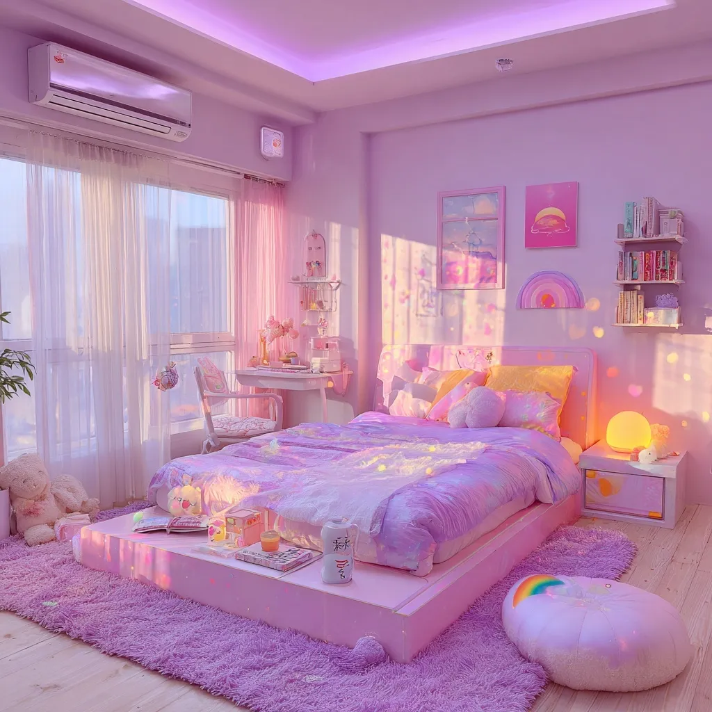 A realistic pastel pink kawaii bedroom interior featuring cute decor and aesthetic soft girl room design.