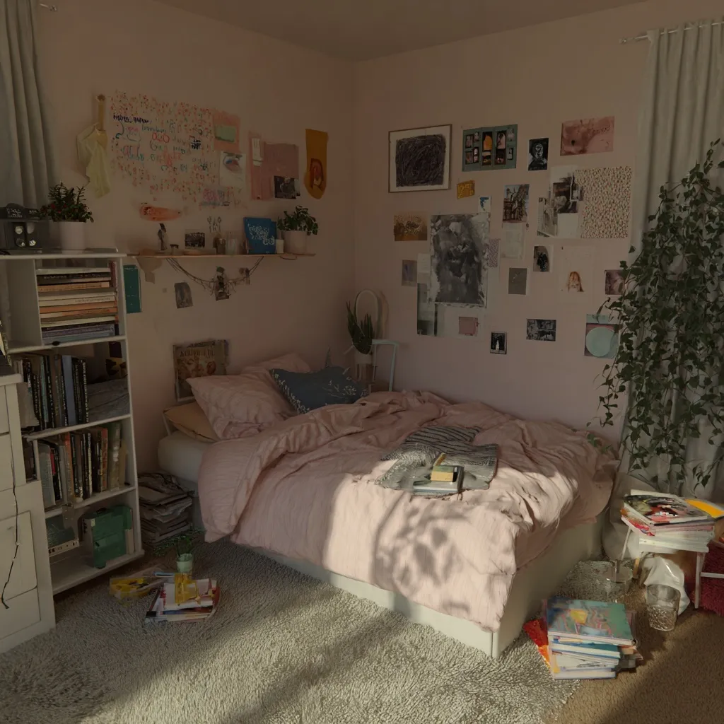 A cozy, minimalist teenage girl bedroom with soft pink aesthetic, vintage decor, and natural lighting.