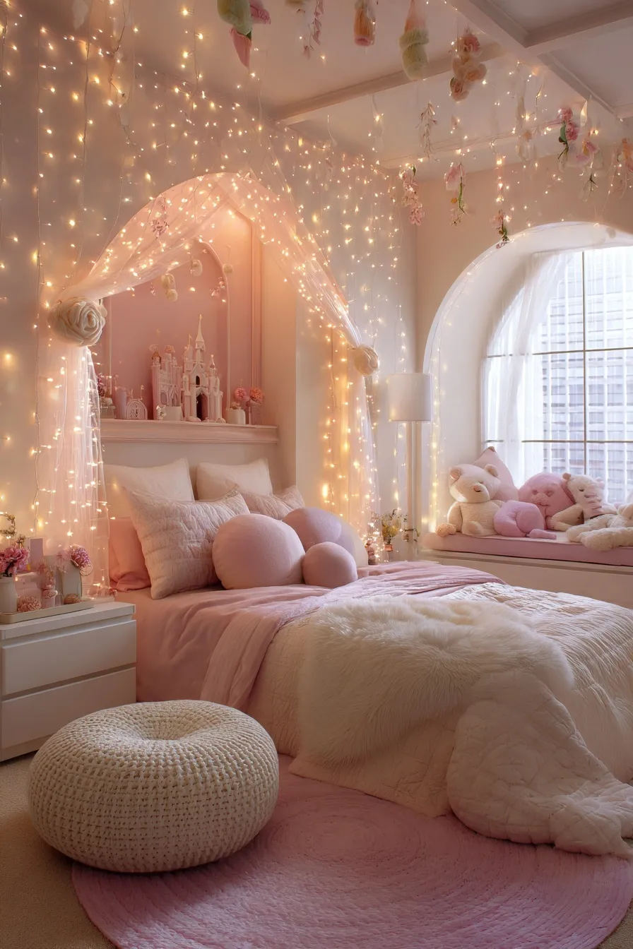 A dreamy pastel pink soft girl bedroom with plush pillows, fairy lights, and rounded furniture in a Disney aesthetic.