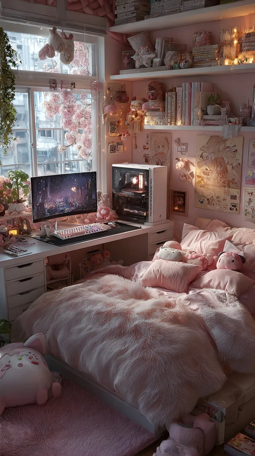 A cozy soft girl aesthetic pink gaming bedroom with plush toys, fluffy pillows, and stylish computer setup.