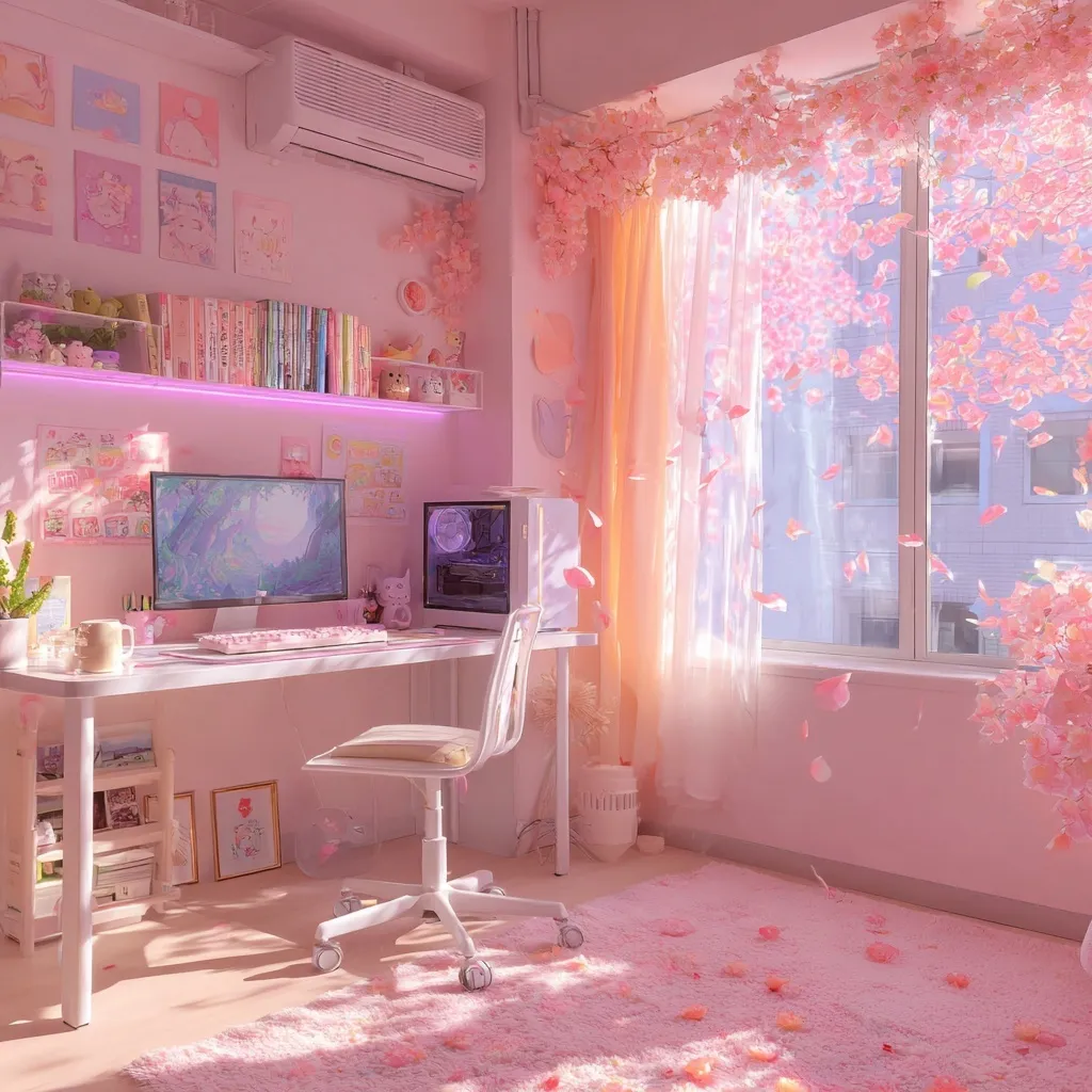 Soft girl pink gaming room with anime aesthetic, cherry blossoms, and cozy pastel decor for a dreamy spring vibe.