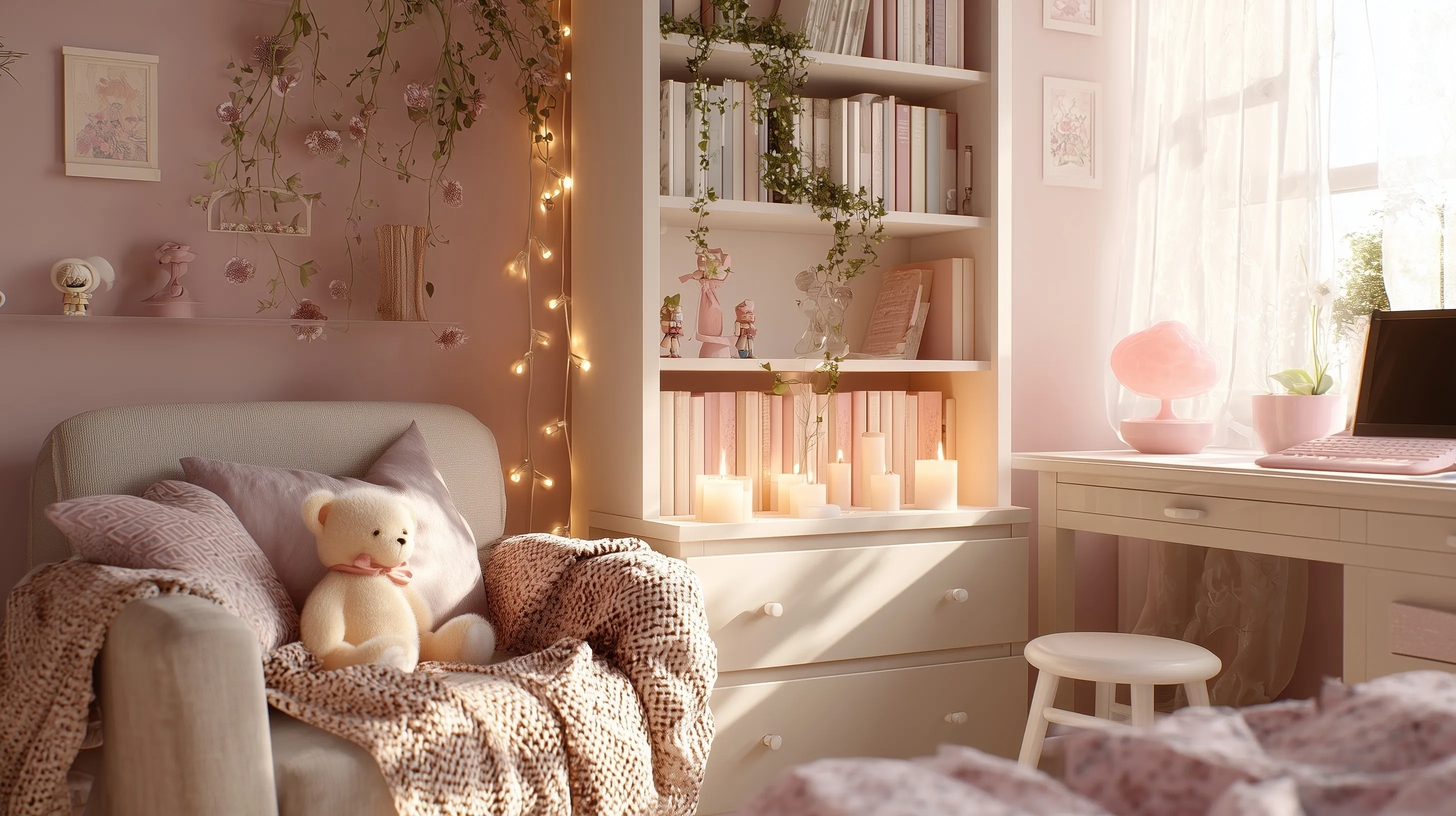 Cozy soft girl aesthetic bedroom with pink decor, warm fairy lights, and a plush armchair in golden hour sunlight.