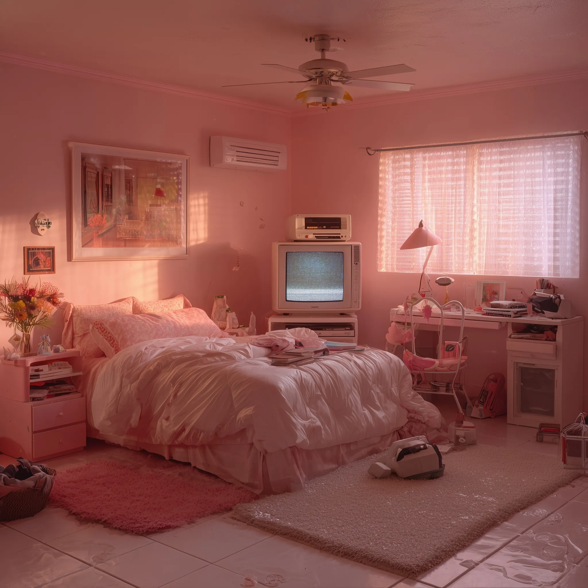 A 1990s-inspired teenage bedroom with soft pink decor, shot in a dreamy, nostalgic Petra Collins aesthetic.