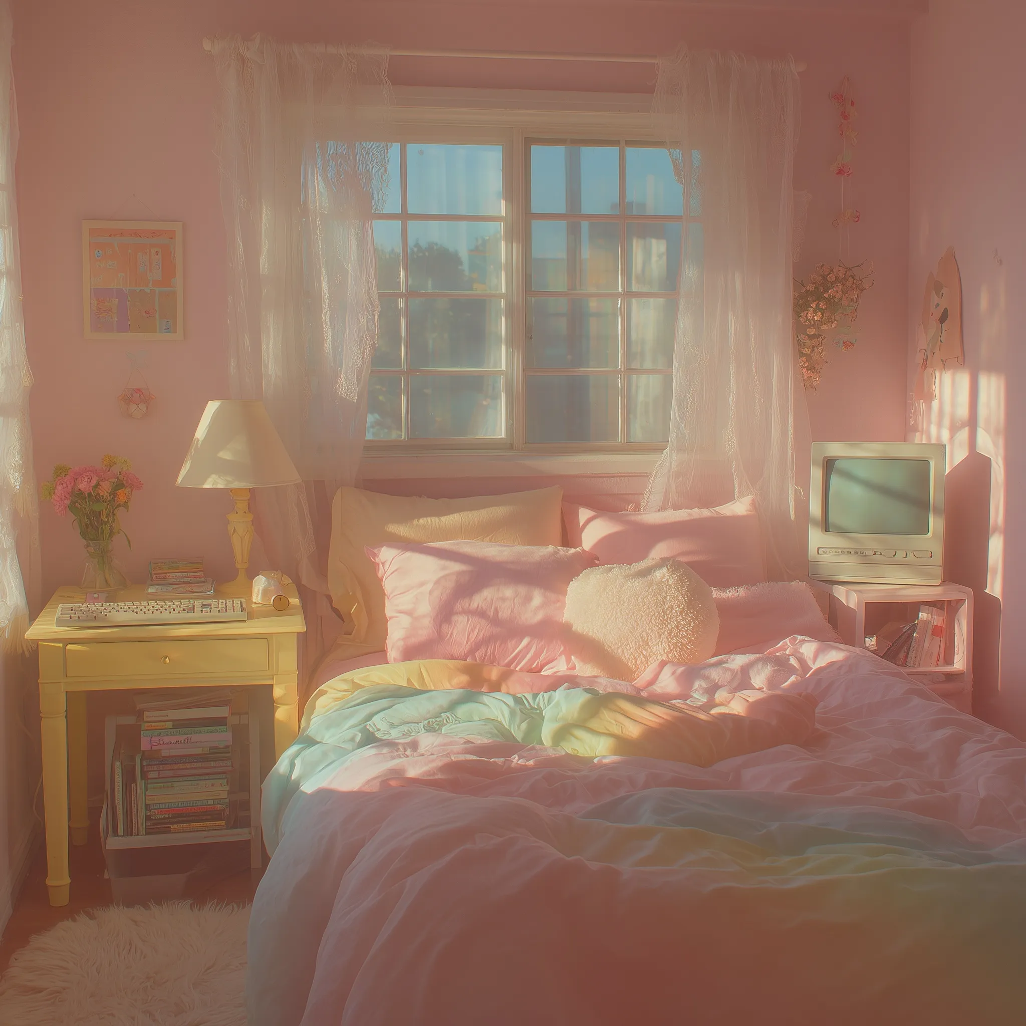 A dreamy pastel pink bedroom with retro computer, vintage desk, and soft sunlight, featuring a nostalgic film grain.