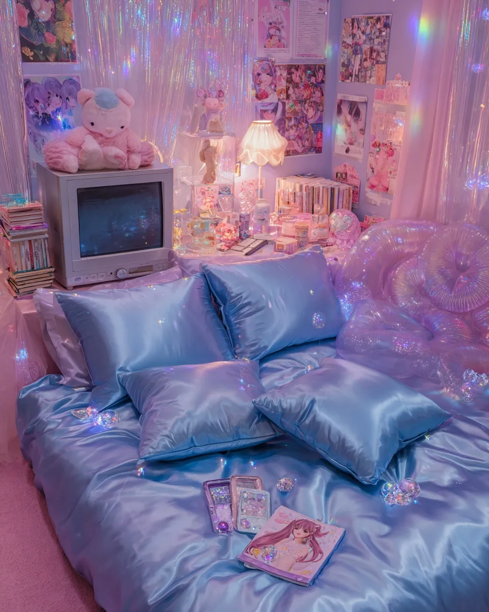 A nostalgic Y2K bedroom aesthetic featuring pink decor, plush satin pillows, fairy lights, and retro early 2000s toys.