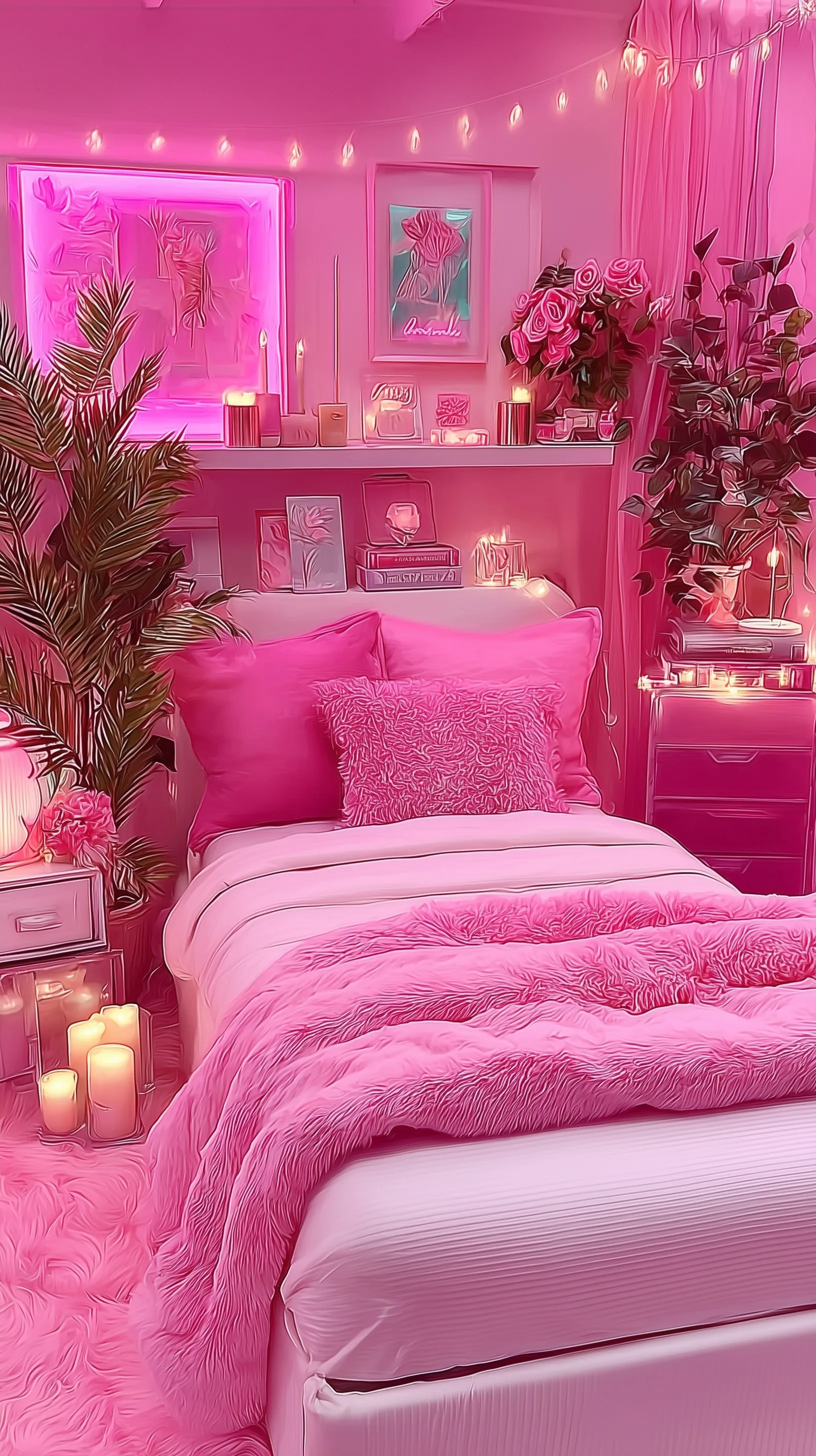 POV shot of a cozy aesthetic soft girl bedroom with pink decor, fairy lights, and fluffy bedding.