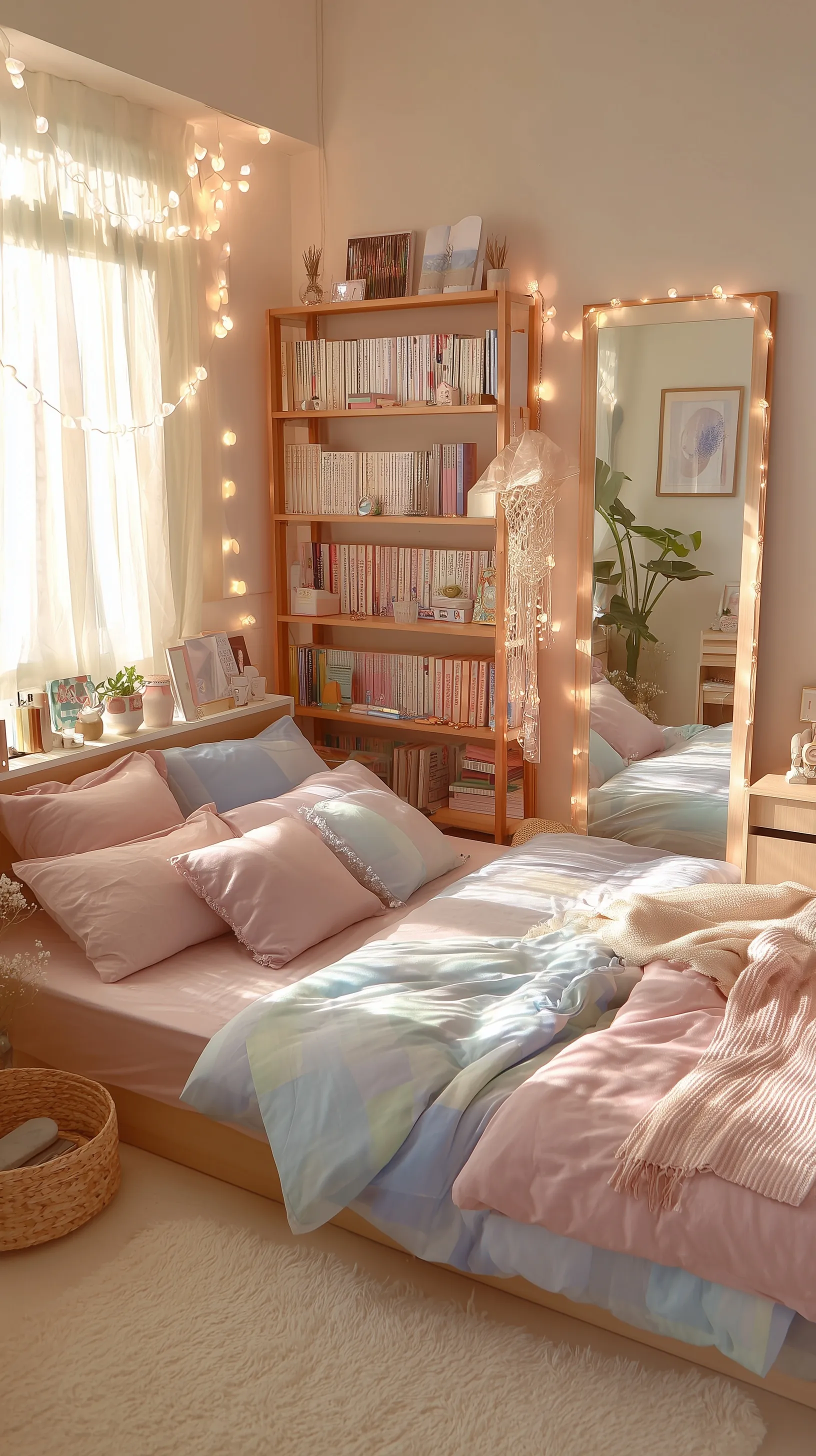 Cozy Korean-style soft girl bedroom with pastel plaid bedding, wooden shelves, fairy lights, and a floor mirror.