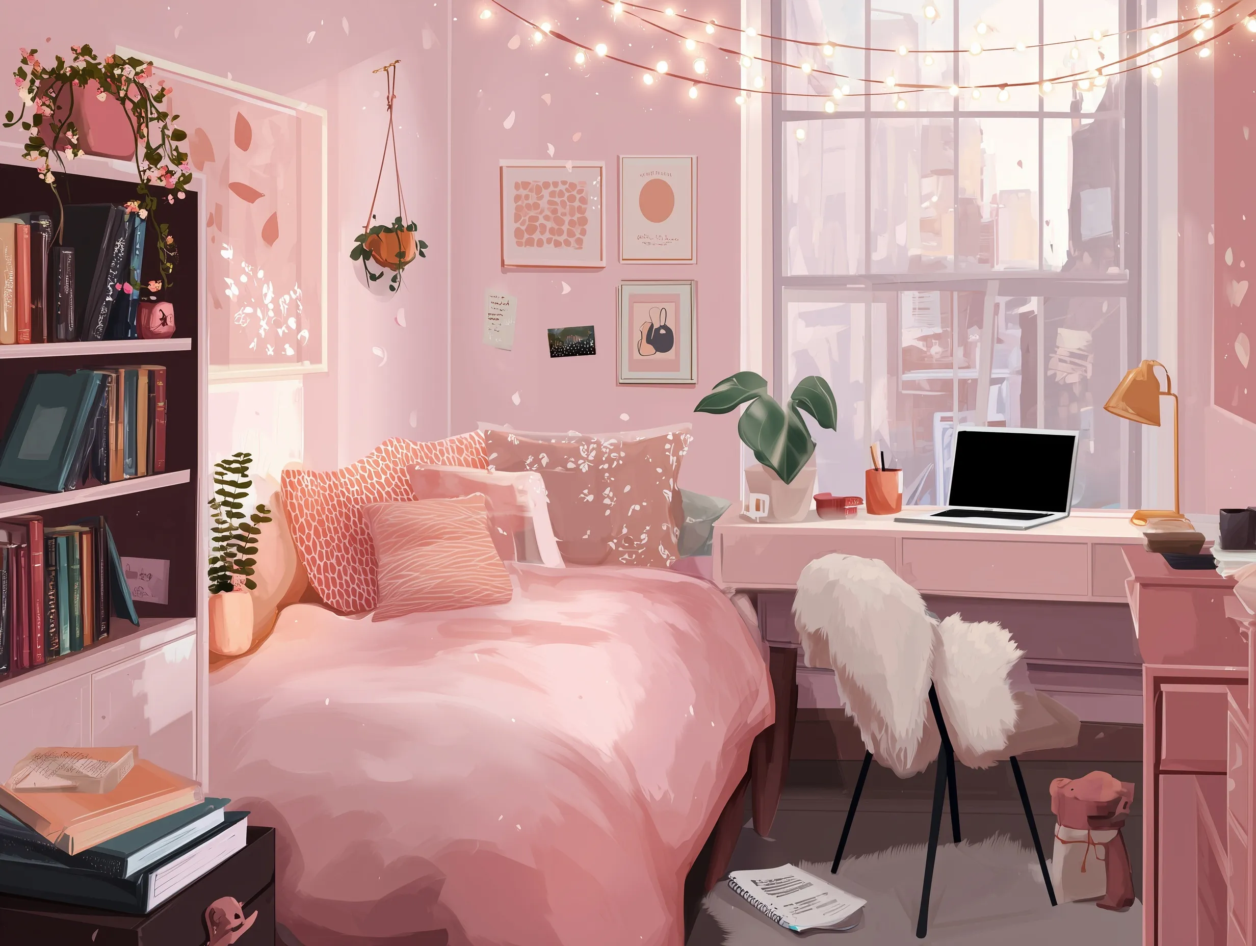 Painterly illustration of a cozy pink college dorm room with fairy lights, glam furniture, and aesthetic decor.