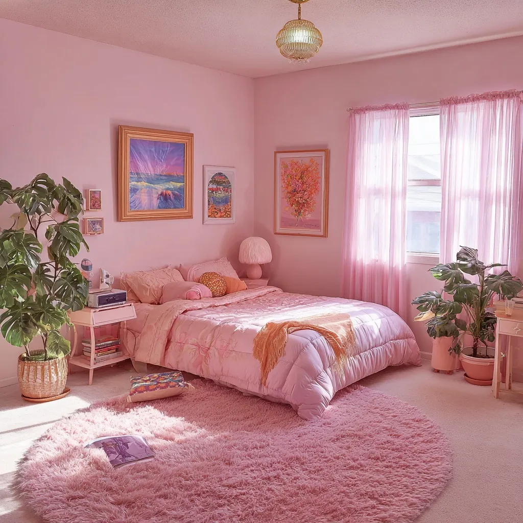 Aesthetic 1980s pink bedroom makeover with soft girl decor, vintage furniture, and pastel aesthetic interior design.