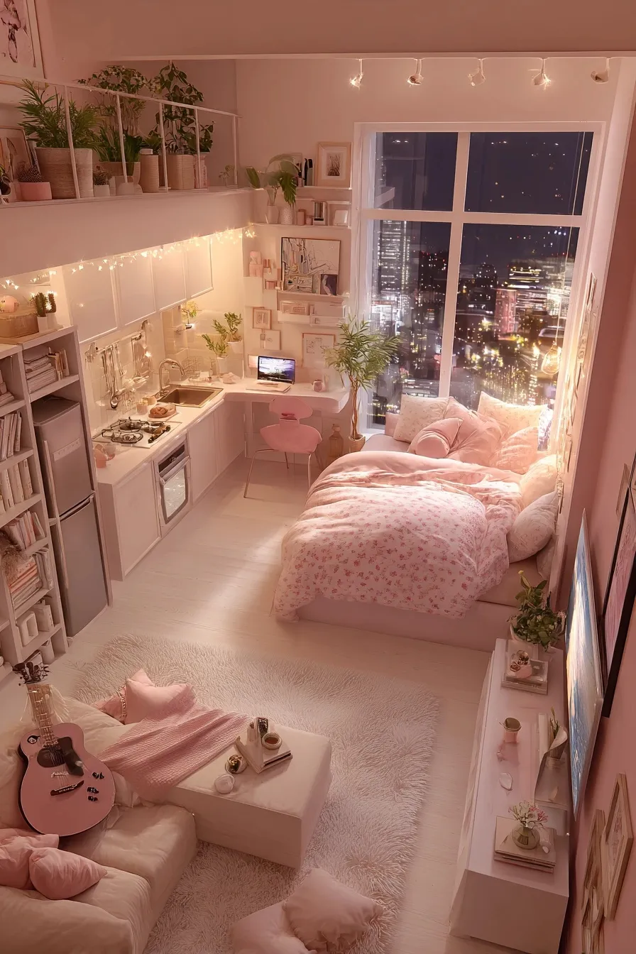 A cozy soft girl aesthetic loft bedroom with pink decor, minimalist furniture, and a romantic city night view.