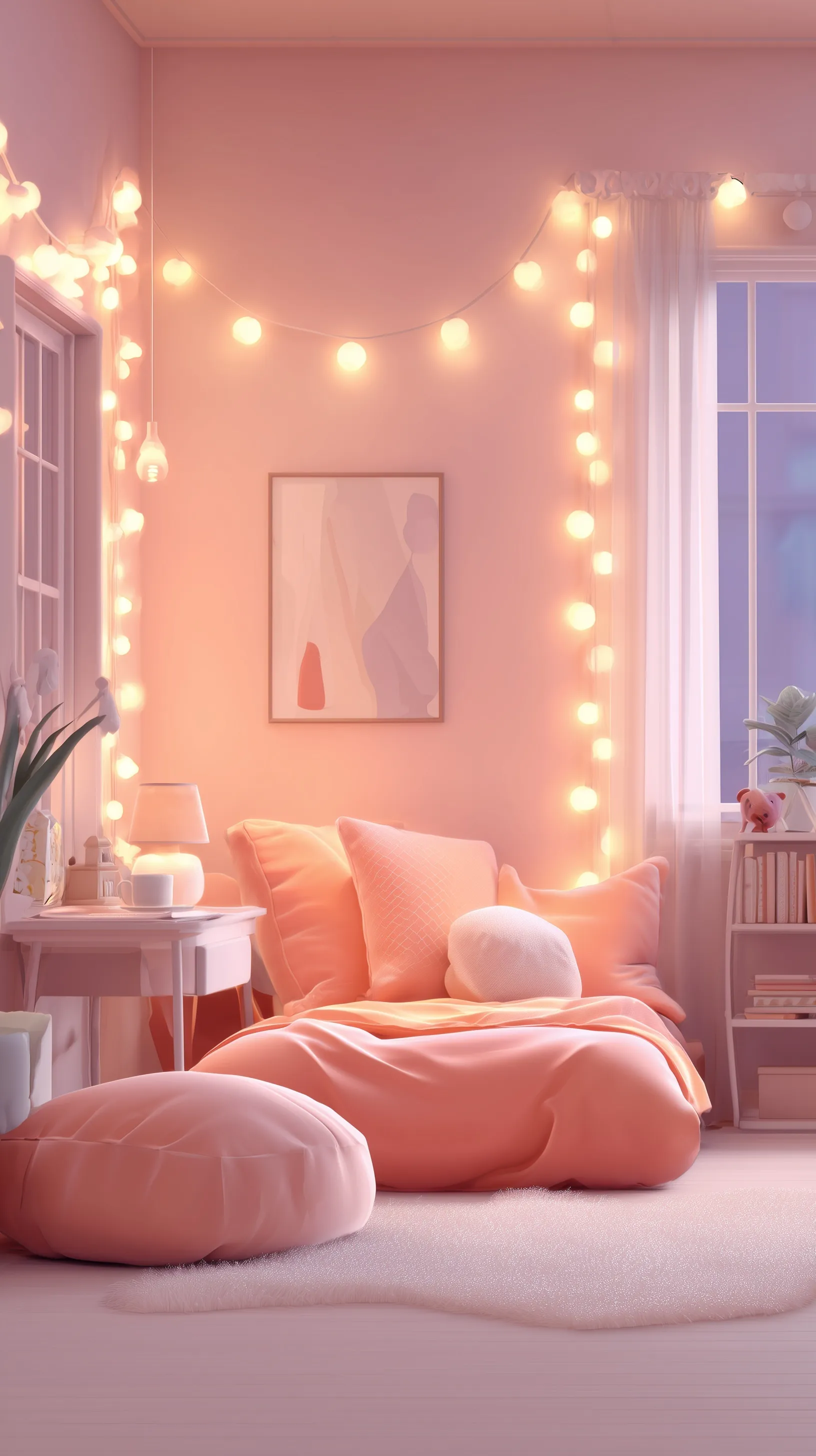 A dreamy tangerine pink kids bedroom at night with soft lighting and a cute, cozy aesthetic.