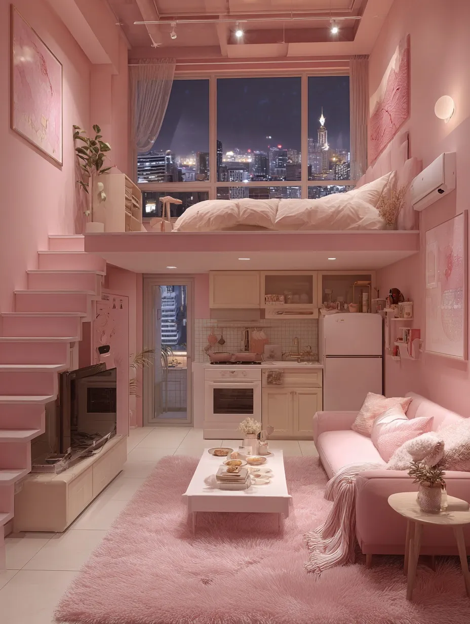 Modern soft girl pink loft apartment bedroom makeover with city night view, plush rug, and feminine decor.