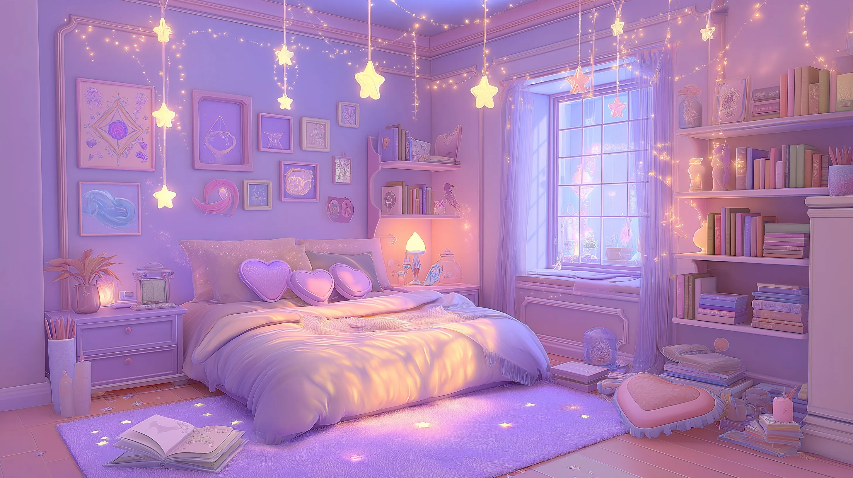 A soft girl pink and lavender bedroom with floating spell books, glowing stars, and kawaii heart-shaped pillows.