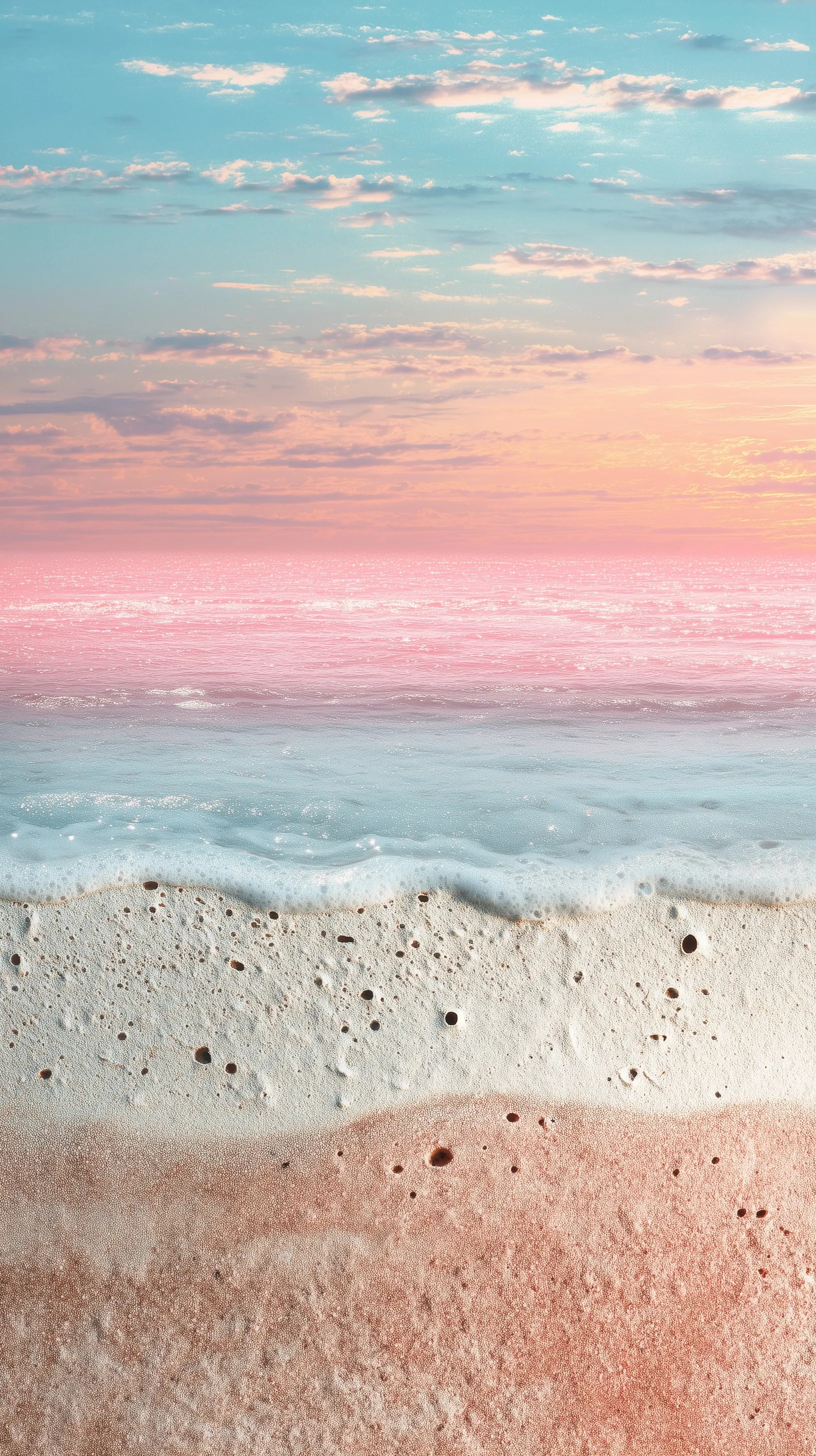 Aesthetic summer phone wallpaper featuring calm sea, golden sand, and a soft pastel sky.