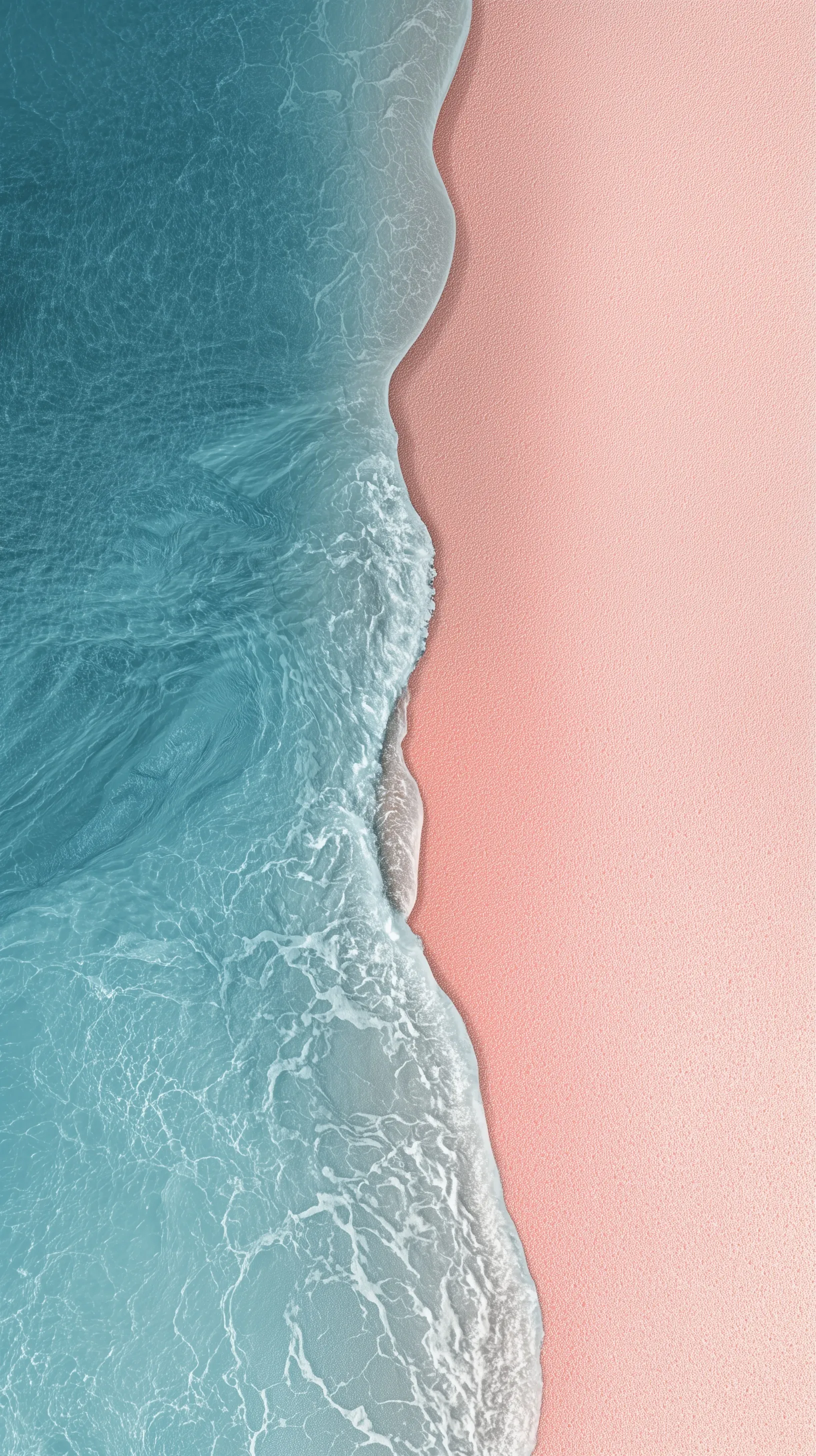Minimalist vertical split of pink sand and turquoise sea, high-fashion editorial summer aesthetic.