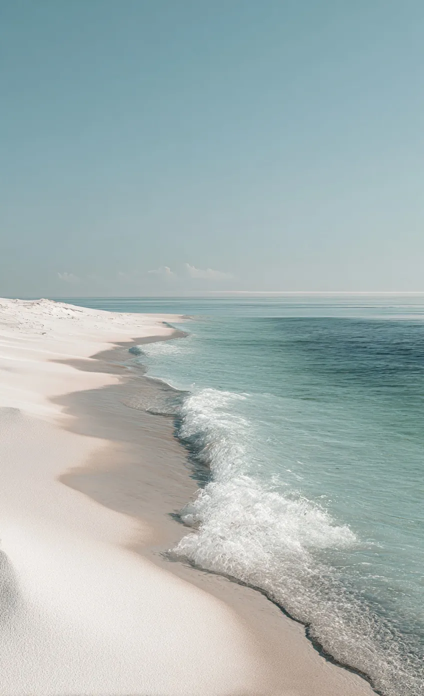 Minimalist white sand beach and sea under a soft sky in muted aesthetic tones.