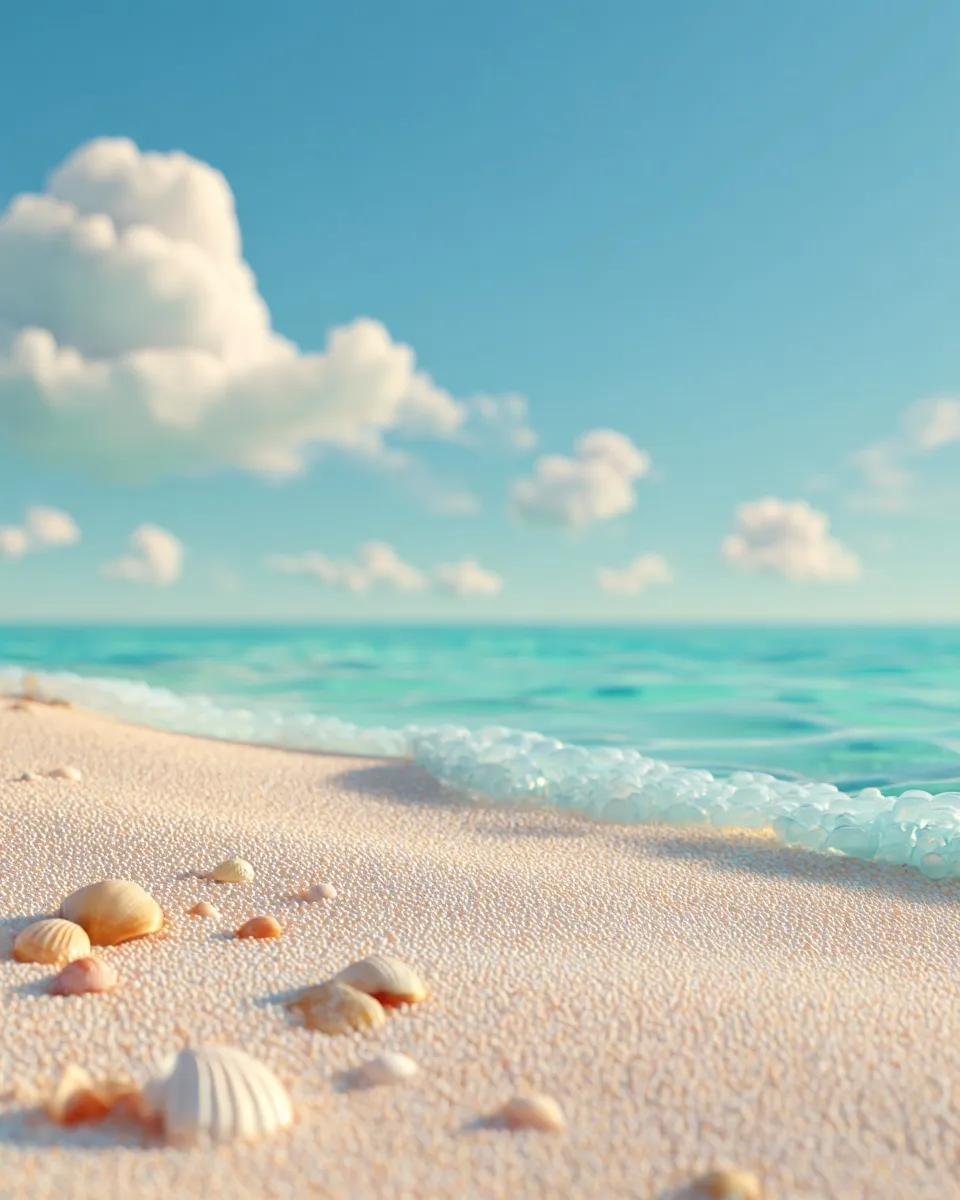 A minimal 3D render of a sunny beach with smooth pale sand, emerald sea, and soft blue sky, no people.